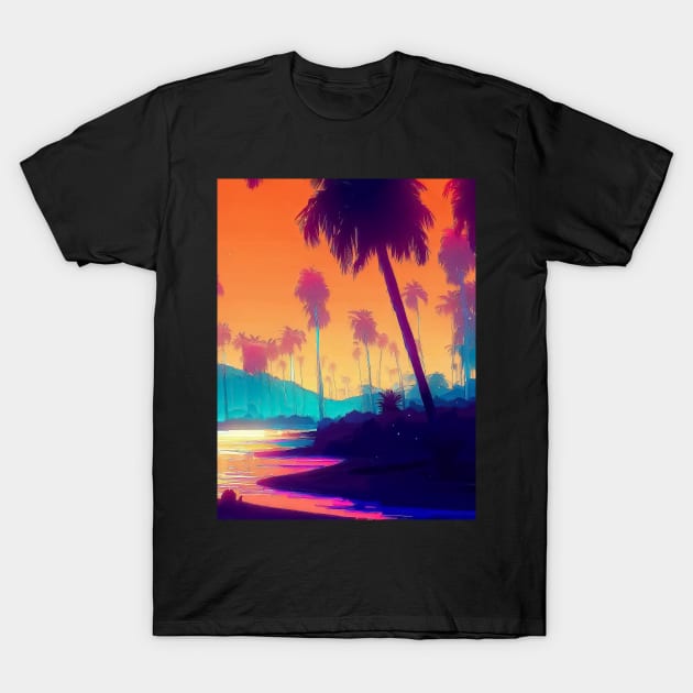 Retro vaporwave Palm beach with the ocean and sunset landscape T-Shirt by TomFrontierArt